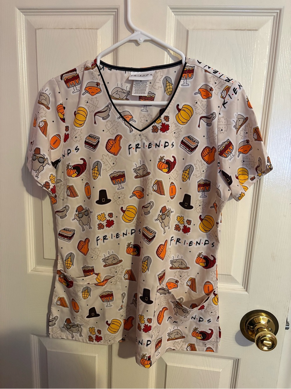 Women’s White V-Neck Short Sleeve Tee with Fall Friends Print